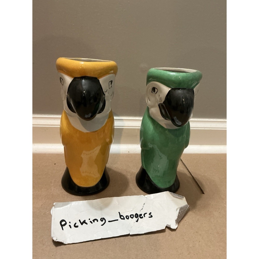 2 Vintage Macaw Parrot Tiki Vase Ceramic Decorative Yellow & Green Bird 8"